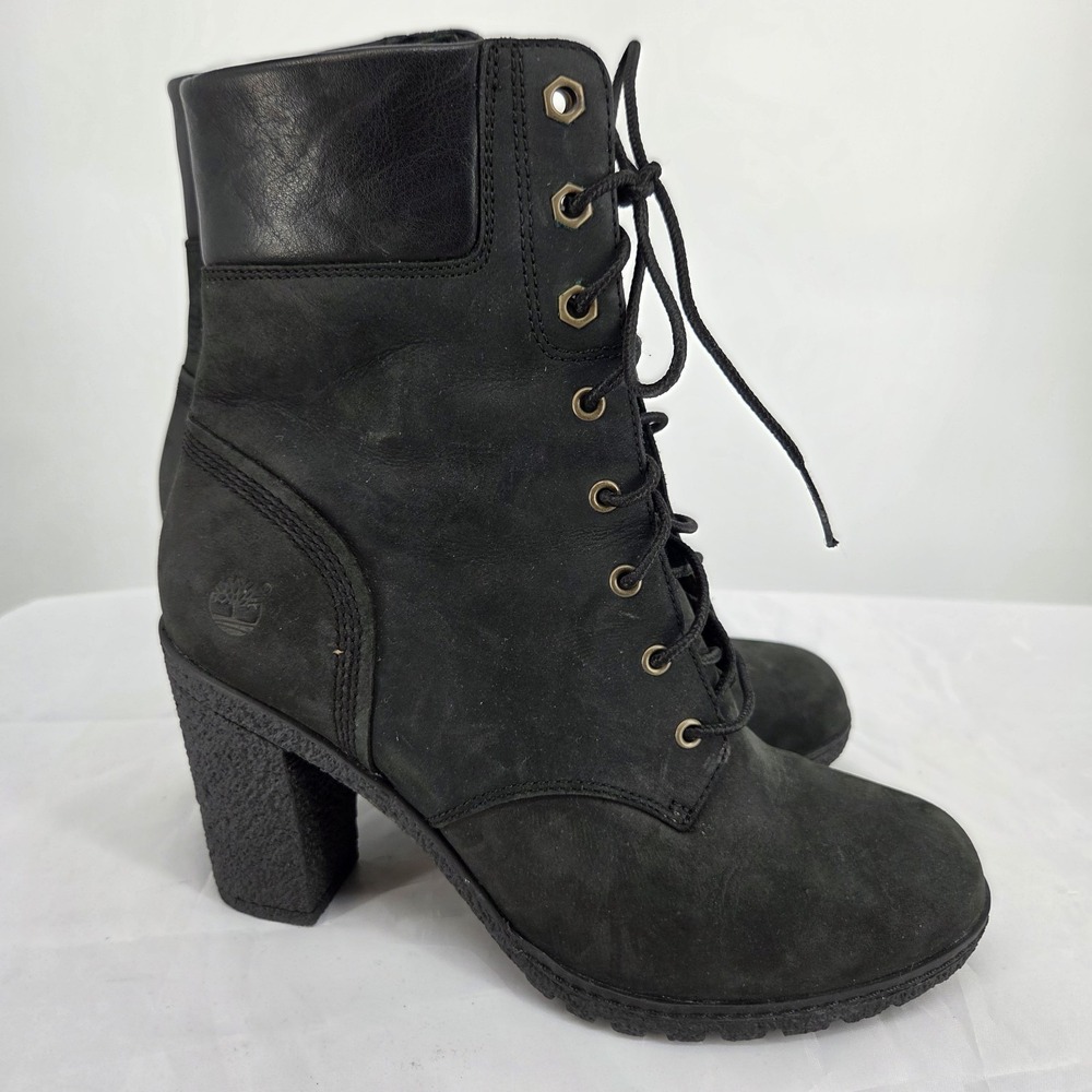 Timberland Tillston Size 8 Black Nubuck Leather Block High Heels Lace Boots